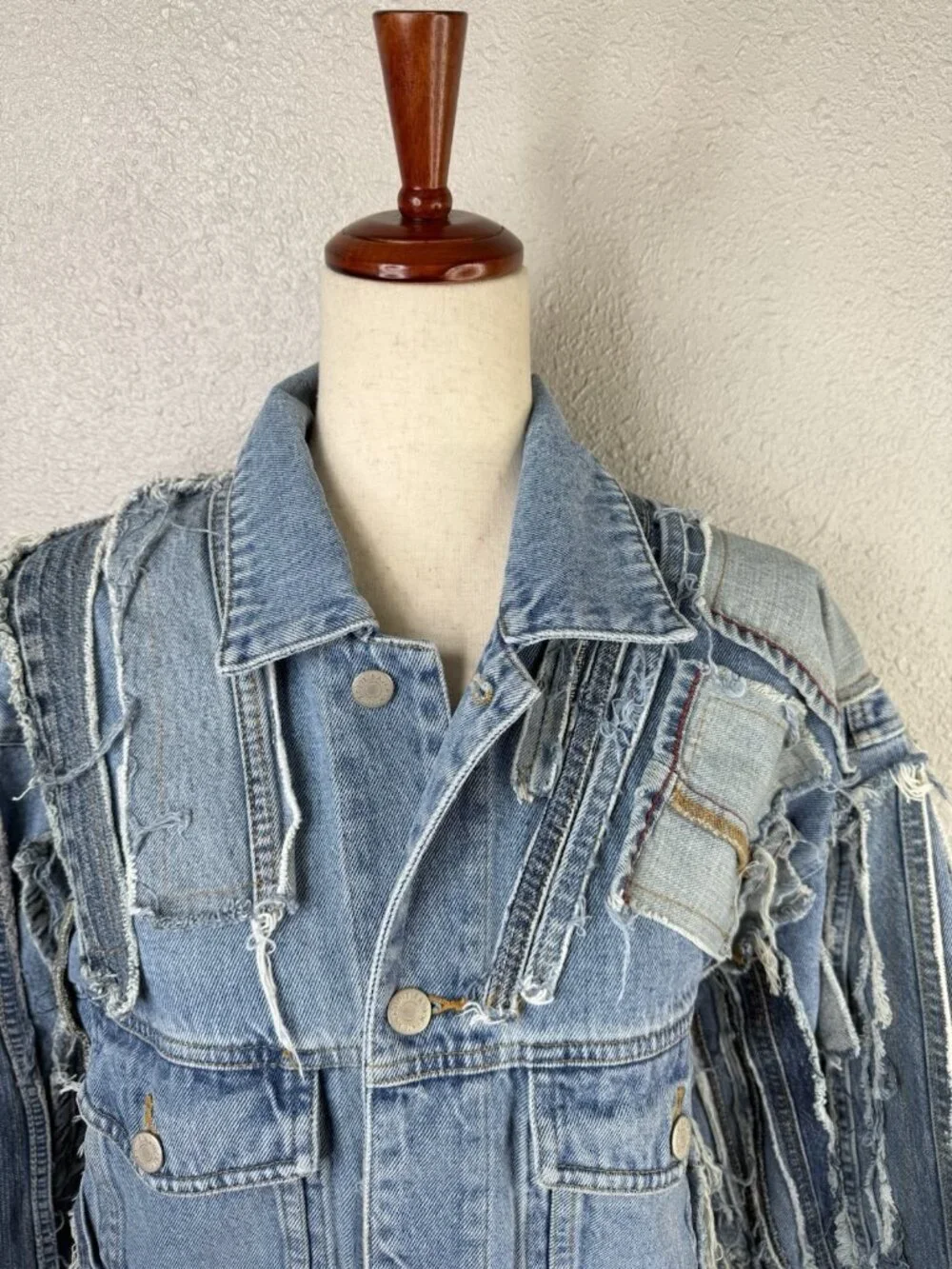 Vtg Reworked Denim Jacket Unique Upcycled Streetwear Jean Blue 90s y2k Sz M/L